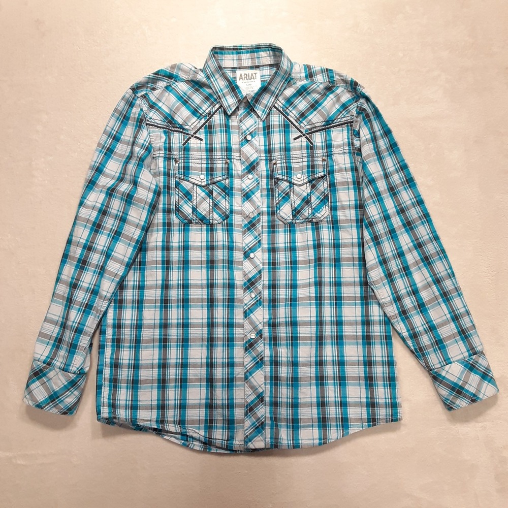 Ariat Mens LS Pearl Snap Button Shirt L Gray/Blue Plaid Cotton Retro Fit